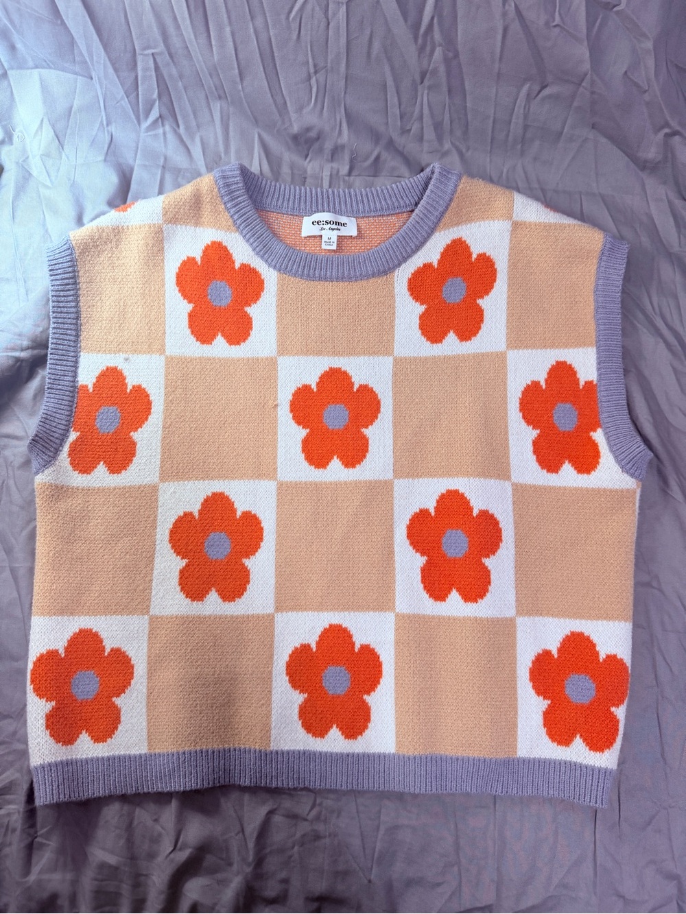 eesome Orange Floral Checker Knit Vest with Lavender Trim